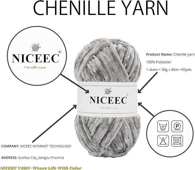 NICEEC 3 Skeins Soft Chenille Yarn Blanket Yarn for Knitting Fancy Yarn for Crochet Weaving DIY Craft Total Length 3×85m (3×93yds, 3×50g)_Light Grey