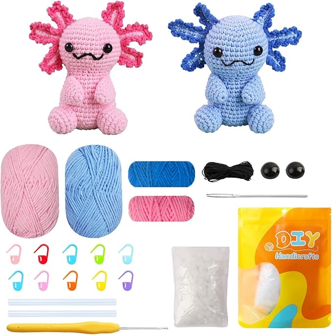 Milaflora 2Pack Axolotl Crochet Kit for Beginners Adults, DIY Crochet Animal Kit with Step-by-Step Video Tutorials, Crocheting Kits for Starters, Beginner Crochet Kit for Adults