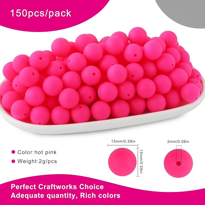 150Pcs 15mm Silicone Beads for Keychain Making Bracelet Necklace, Bulk Round Silicone Beads for Pens（Hot Pink）