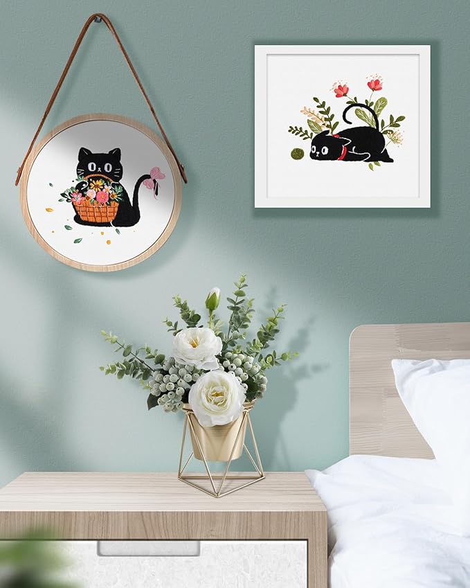 TINDTOP 2 Pack Embroidery Kit for Adult Beginners, Embroidery DIY Starter Kit, with Black Cat and Flowers Stamped Patterns, Hoop, Tools, Colorful Threads with Needles, Instructions