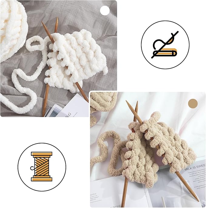 MABOZOO Assorted Chunky Yarn for Crocheting - 8 Pack, Fluffy Chenille & Giant Thick Fuzzy Yarn - 4 White & 4 Khaki (31.7 yds, 8 oz Each)