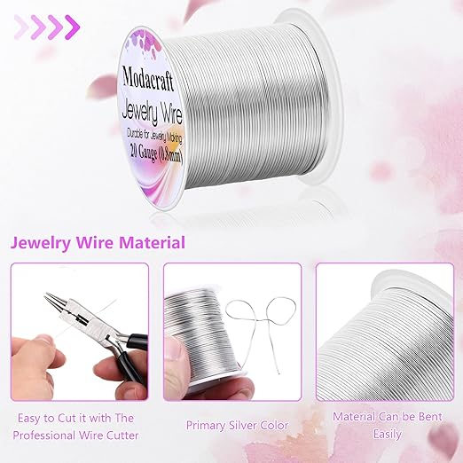 3Rolls 20/24 Gauge Silver Wire with 4 in 1 Jewelry Pliers, Modacraft Tarnish Resistant 20 Gauge Craft Wire 24 Gauge Jewelry Wire for Jewelry Making Supplies and Craft
