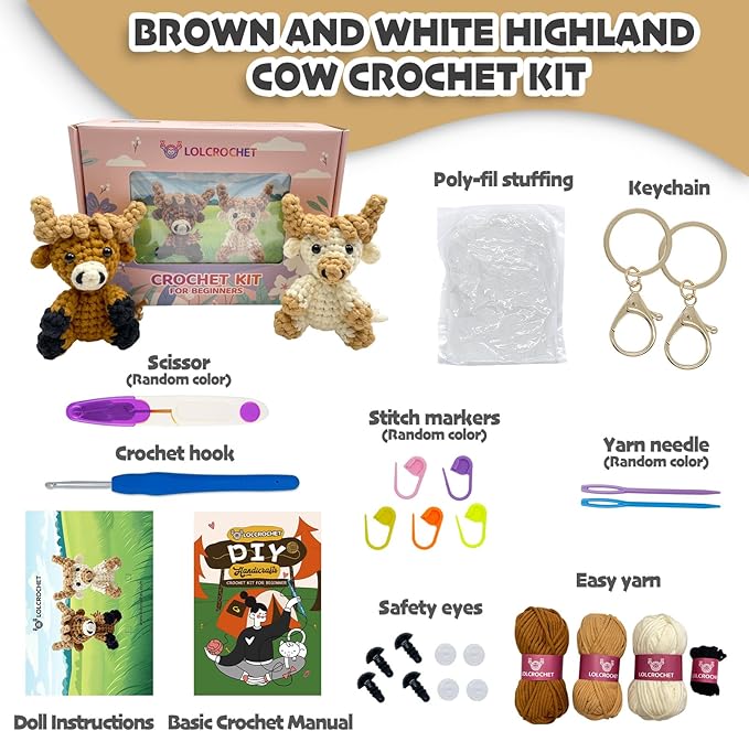 Highland Cow Crochet Kit for Beginners & Adult, Learn to Crochet Starter Set with Step-by-Step Video Tutorial & Instruction, Easy Animal Knitting Kit for Kid 12+, Fun Holiday Craft Gift