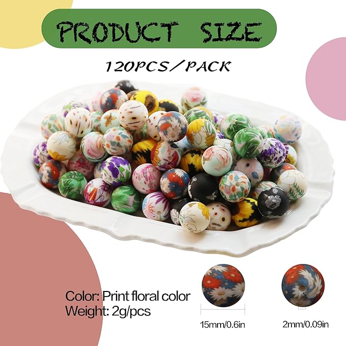 120pcs Richbunnys 15mm Bulk Silicone Beads for Pens and Keychain Making,Large Bead for Necklace and Bracelets Making,Assorted Rubber Beads Set(Print Floral)
