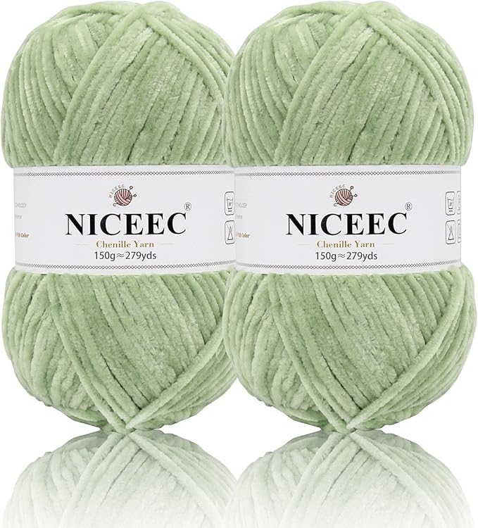 NICEEC 2 Skeins Soft Chenille Yarn Blanket Yarn for Knitting Fancy Yarn for Crochet Weaving DIY Craft Total Length 2×255m (2×279yds, 2×150g)_Mint Green