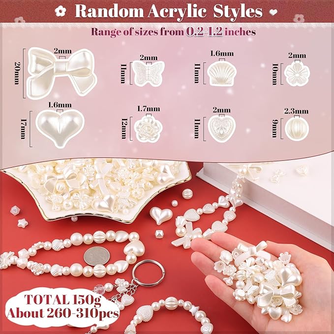 270-320pcs tinkrstuff assorted mix abs imitation pearl beads for bracelet making, cute bead for jewelry making bow butterfly heart kawaii aesthetic acrylic beads,diy necklace keychain phone charms