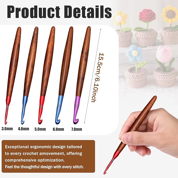 Giwrmu Crochet Hooks Set, 5 Pcs Ergonomic Crochet Hooks, Colored Aluminum Crochet Hook with Wooden Handle for Arthritic Hands Knitted Dolls, Gloves, Sweaters, Blankets - 3.0mm/4.0mm/5.0mm/6.0mm/7.0mm