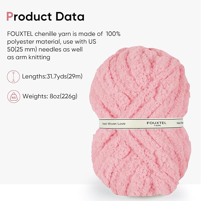 8 Jumbo Packs Chunky Chenille Yarn for Crocheting, 31.7 yds, 8 oz Each Skein Bulky Thick Fluffy Yarn for Knitting, Super Bulky Chunky Yarn for Hand Knitting Blanket, Soft Plush - Pink