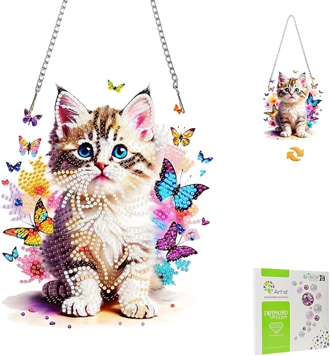 Masendp Butterfly Cat Diamond Art Pendant Set for Adults, 5D Special Shape Diamond Painting Cat Window Pendant Kit, Animal Gem Art Catcher Decoration Home Garden Wall Decoration