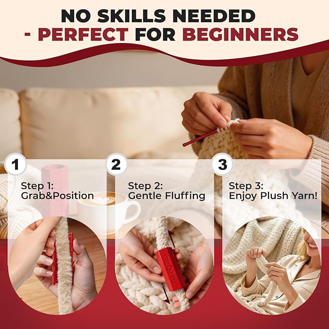 Chunky Yarn Fluffer - Yarn Fluffing Tool for Crochet & Knitting Projects, Compact Portable Yarn Texture Enhancer for DIY Craft Enthusiasts, Red