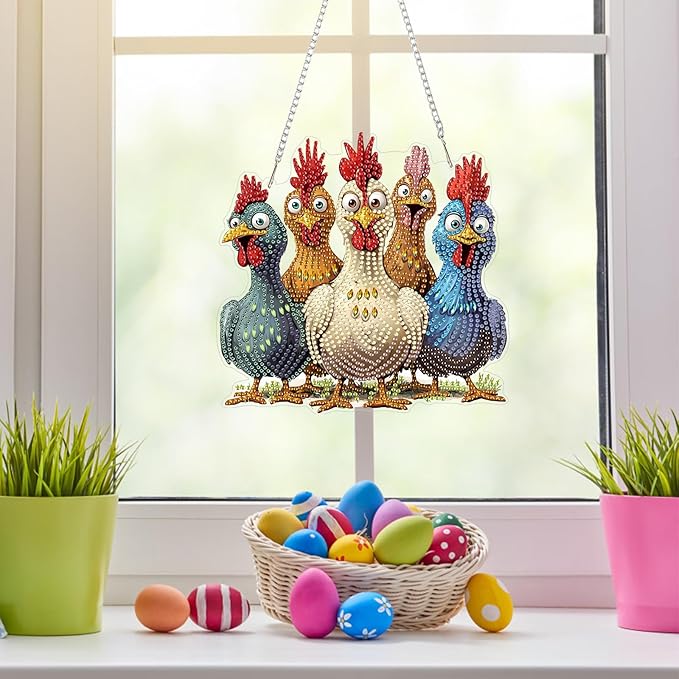 NAIMOER Chickens Diamond Art Hanging Kits for Adults, 5D Special Shaped Rhinestone, DIY Acrylic Spring Diamond Art Painting Window Pendants Home Garden Wall Hanging Ornament Kits, Double Sided