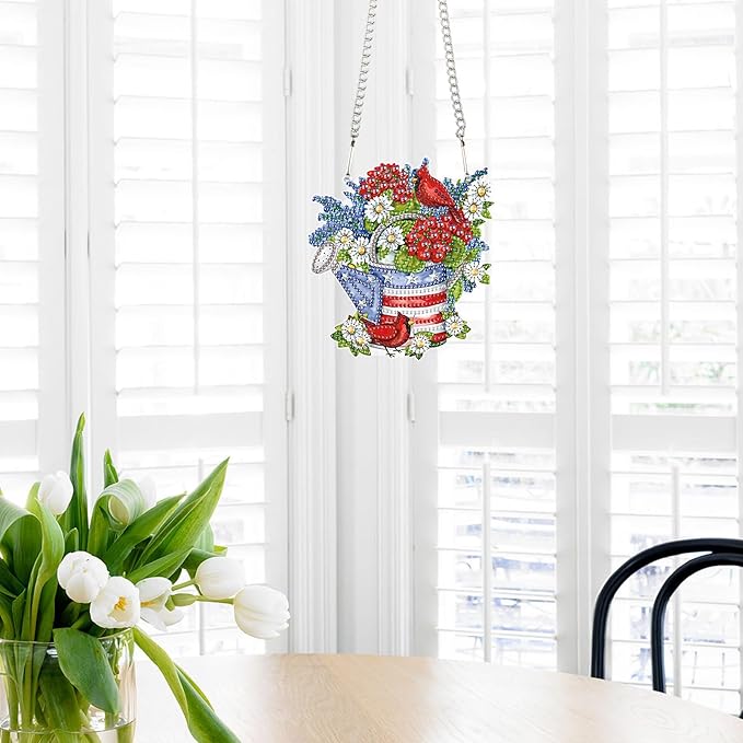 AiYuanzsh Independence Day Diamond Art Painting Hanging Pendant Kit Special Shaped Diamond Dots Art Acrylic Ornaments Flowers Cardinal Diamond Art Pendant for Adults Home Wall Window Decor Gift
