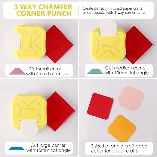 3 in 1 Diagonal Corner Punch, 5mm, 10mm, 15mm Corner Paper Cutter for Laminated, Cardstock, Bullet Journal, Invitations, Gift Tags, Photocards, Business Cards, and Scrapbooking