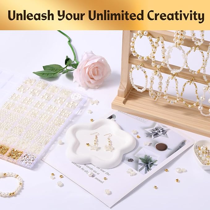 1860pcs Pearl Beads for Jewelry Making, 5 Sizes Round Pearls Bracelet Making Kit, Pearl Beads with Gold Spacer Bead Letter Star Heart Bow Bead for Necklaces Earrings DIY Crafts