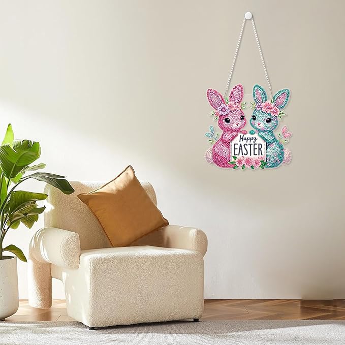 MOGTAA Easter Bunny Diamond Art Hanging Kits for Adults Beginners, Flowers Diamond Art Suncatchers, 5D Special Shape Diamond Painting Window Pendant Kit for Home Garden Wall Decor