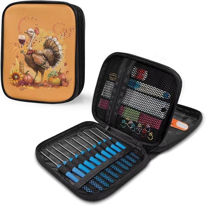 Hechitok Turkey Pumpkin Crochet Hook Case Portable Travel Crochet Storage Bag Organizer Zipper Bags with Web Pocket and Crochet Holder Slots for Crochet Knitting Accessories