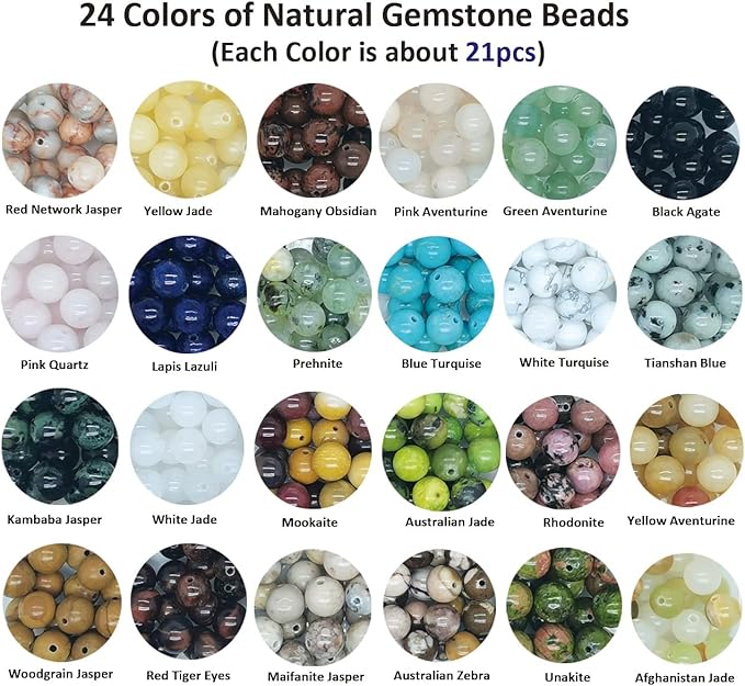 504pcs 8mm Natural Round Stone Beads Gemstone Beading Hole Size 1mm Crystal Energy Stone Healing for Bracelet Necklace Earrings Jewelry Making(24 Colors-1,8mm)