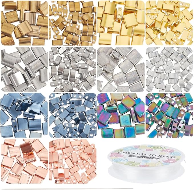 NBEADS 455 Pcs 2 Sizes 2-Hole Beads, 7 Color Rectangle Glass Seed Beads for Jewelry Making DIY Kit