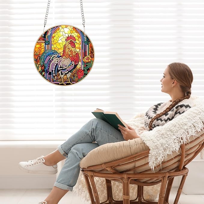 AiYuanzsh DIY 5D Diamond Art Hanging Pendant, Rooster Acrylic Rhinestone Ornament for Wall Door Window Decor, Diamond Painting Animal Craft Gift for Home or Christmas Decoration