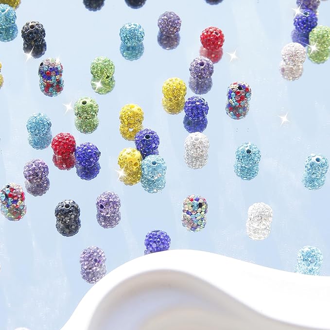 100 Pcs 10mm Rhinestone Beads for Jewelry Making, Mixed Shiny Round Shamballa Disco Baseball Necklace Beads Sparkle Crystal Clay Pave Rhinestones Bead for DIY Bracelet Earring keychain Making Supplies