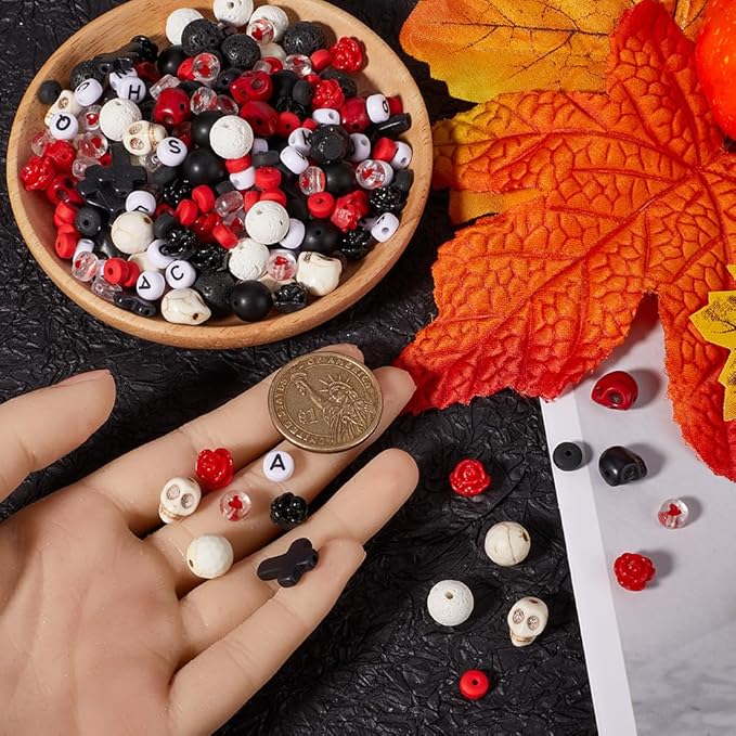 SUNNYCLUE 1 Box 416Pcs Halloween Beads Kit Stone Cross Beads Rose Flower Skull Synthetic Turquoise Black Red Gemstone Bead Natural Lava Rock Spacers for Jewelry Making Kits Adult Supplies