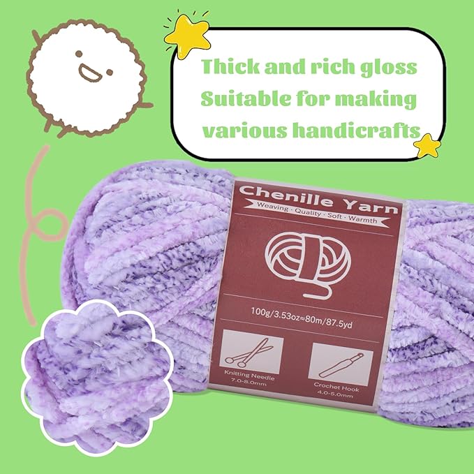 LUNARM Chenille Yarn for Crocheting Knitting, 3 Skein 10.58 oz / 263 Yard Thick Soft Chunky Fluffy Weaving Plush Yarn for Blankets Clothes Pattern with Big Eye Needles(Purple Gradient)