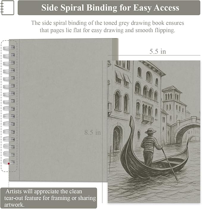 sufly toned gray sketchbook 5.5"x8.5" - 60 sheets spiral bound drawing pad, 85lb/130gsm sketch paper for graphite, charcoal, colored pencils and gel pens.