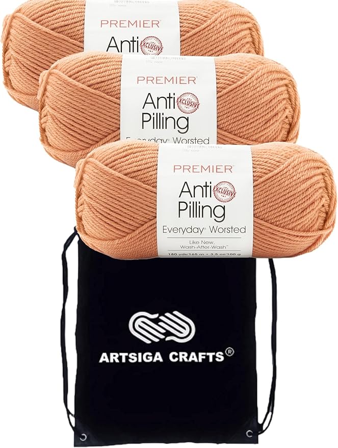 Premier Yarns Everyday Anti-Pilling Solid Peach Blossom DN100-89 (3-Skeins - Same Dye Lot) #4 Worsted Weight Acrylic Yarn for Crocheting and Knitting with Project Bag