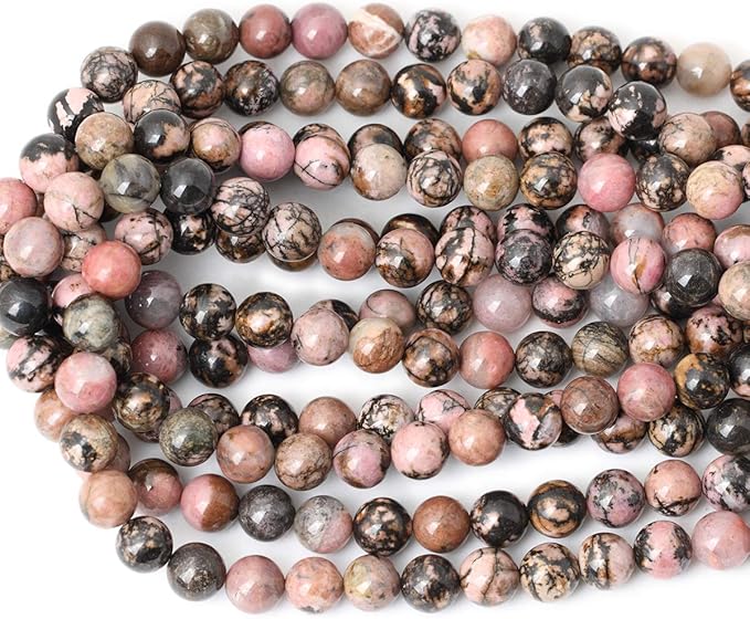 cheavian 35pcs 10mm natural black line rhodochrosite gemstone smooth round loose beads for jewelry making 1 strand 15"