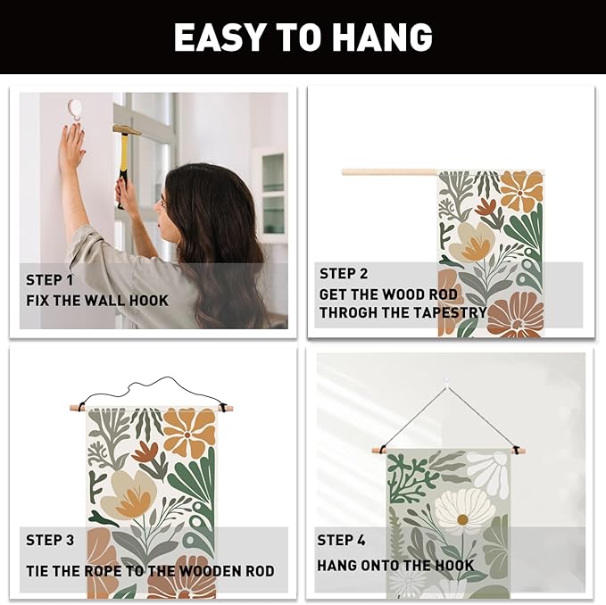 PLIGREAT 2 Pack Aesthetic Floral Botanical Wall Hanging, Boho Style Art Tapestry with Tassel Vertical Wildflower Narrow Wall Tapestry for Bedroom Living Room Bathroom Home Decor