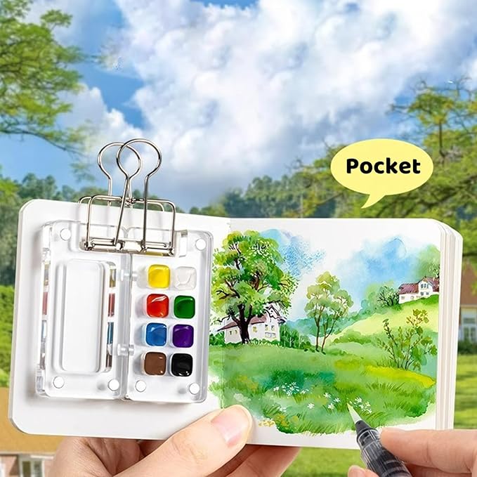 Mini Watercolor Paint Set Pocket Artist Watercolor Travel Set with Mini Paint Palette,Brushes, 12 Colors, Watercolor Sketchbook for Artists Painters Students(Plastics)