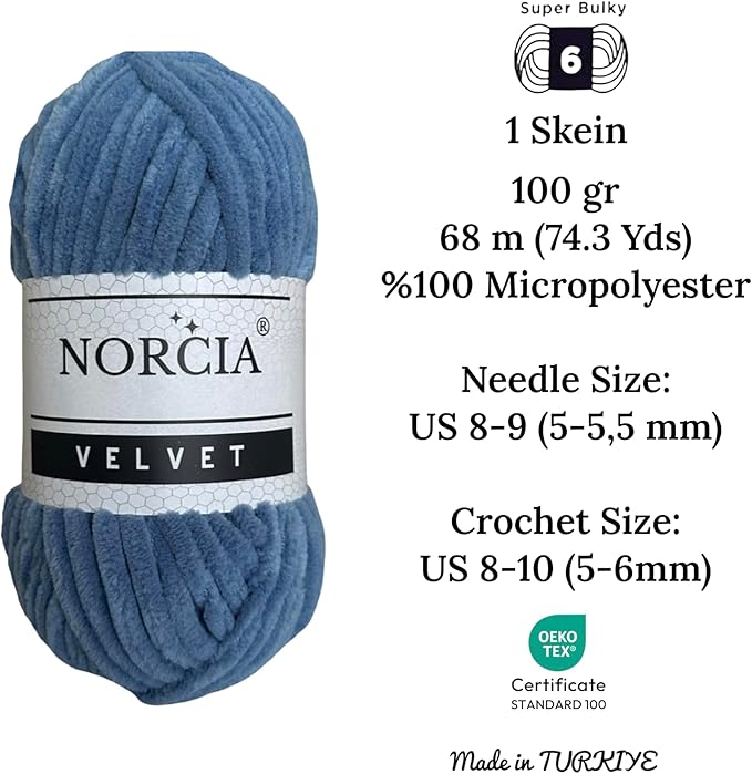 Soft Velvet Yarn Chenille Yarn for Crocheting Super Bulky 100g (74.3 yds) Baby Blanket Yarn for Knitting Amigurumi Yarn for Crochet Weaving Craft (Jean Blue, 1 Skein)