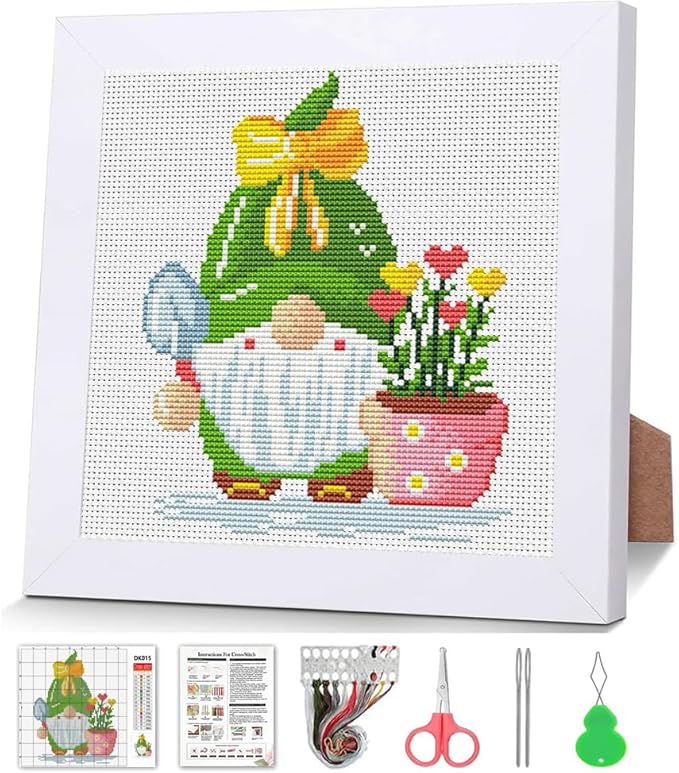 VIGEGU Gnome Cross Stitch Kits for Beginners,Flowers Stamped Cross Stitch for Adults with Wooden Framed,Embroidery Kit, Partial 11CT Cross-Stitch Arts and Crafts for Adults 7.9x7.9inch