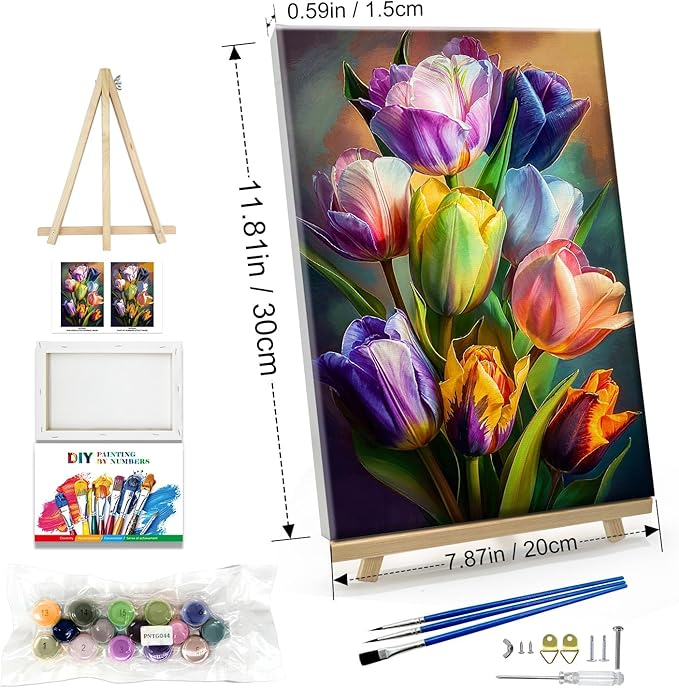 JOOZ Paint by Numbers Kit for Adults Flowers Paint by Number with Frame Floral Paint by Number with Easel Tulip Digital Oil Painting Kits for Gift Home Wall Decor 7.87x11.81 Inch