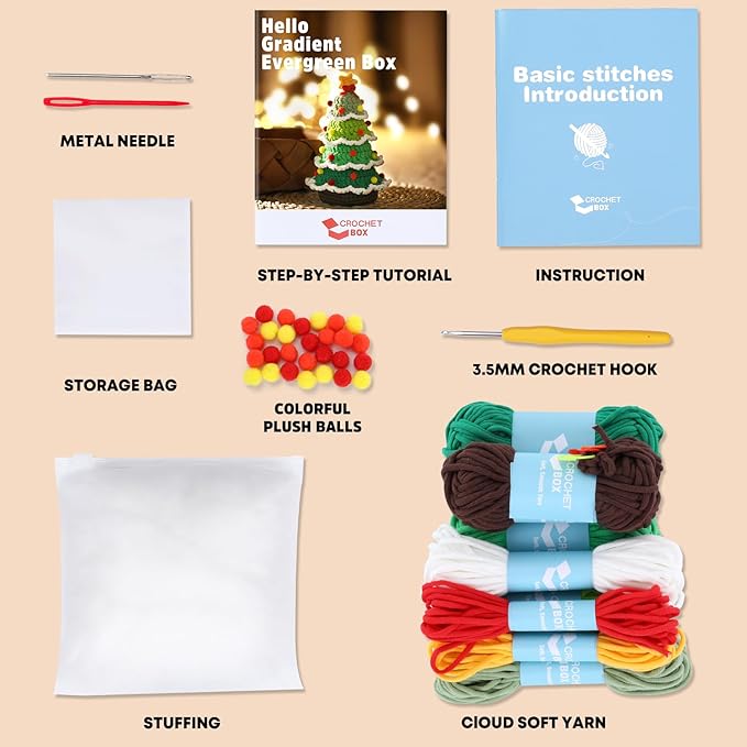 CrochetBox Christmas Crochet Kit for Beginners - Christmas Tree Starters Crochet Kit, Beginners Crocheting Kitting for Adults Teen, Gifts with Crochets Yarns, Hook, Step-by-Step Video, Instruction