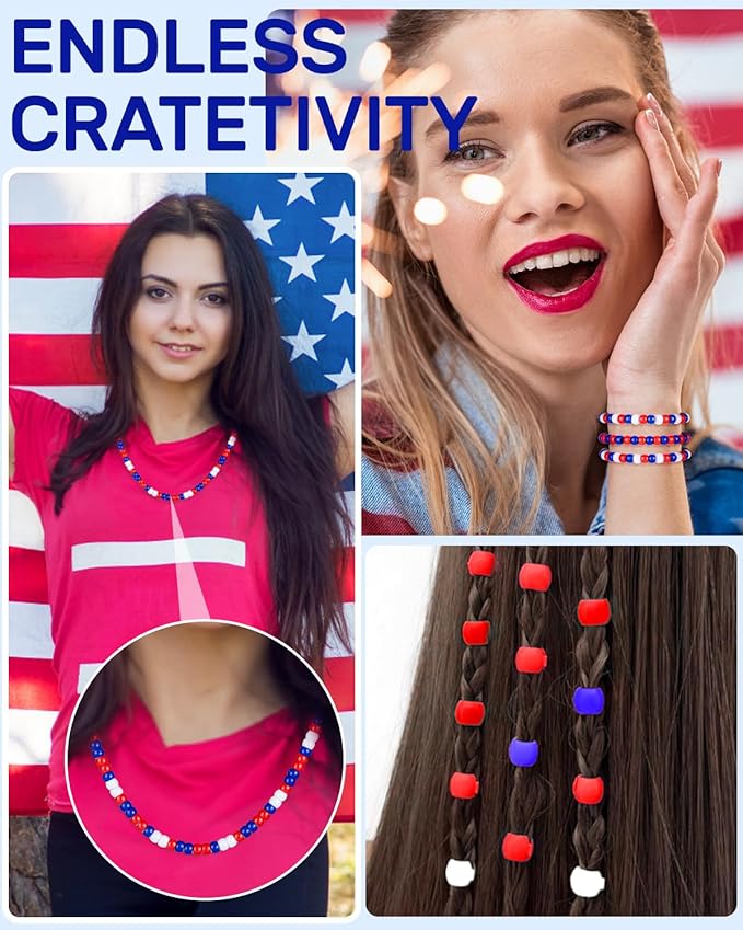 1000+ Pcs 4th of July Pony Beads, Red Wihte and Blue Colors, Kandi Beads for Bracelet Making, Hair Braids, Necklaces, Key Chains, Jewelry, Party