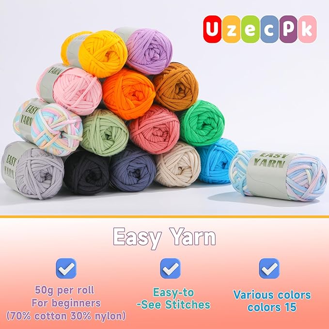 15x50g (26.4Oz) Yarn for Crocheting and Knitting, 15x87yds Beginner Crochet Easy Cotton Yarn for Beginners with Easy-to-See Stitches, Worsted-Weight Medium #4 - Cotton-Nylon Blend