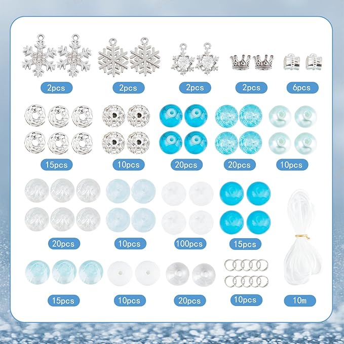 SUNNYCLUE 1 Box 209Pcs 6 Sets Snowflake Bracelet Making Kit Winter Charms Snow Snowflake Charms Christmas Bracelet Sets Glass Beads for Jewelry Making Kits Beginners Starter Women Gift