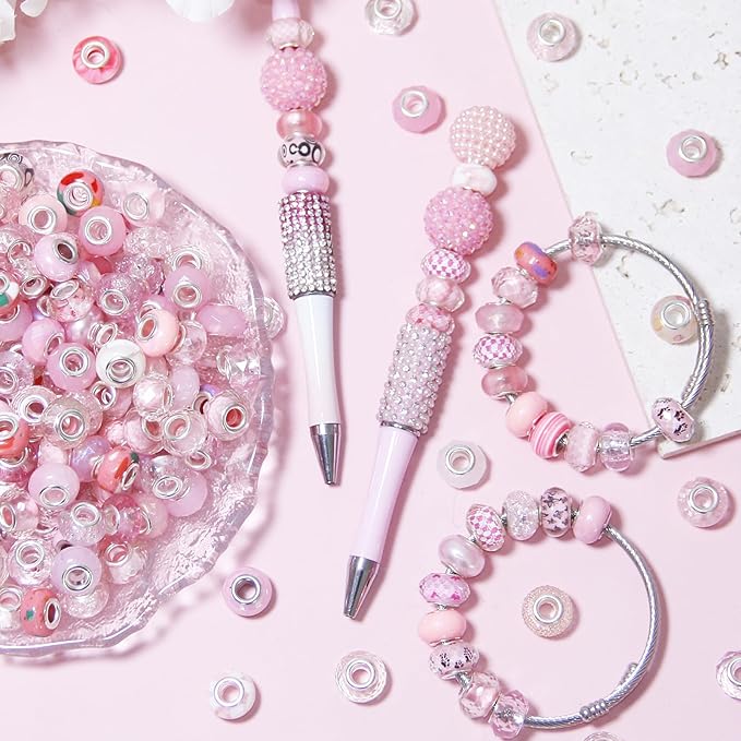 200Pcs Large Hole Beads Spacer Beads Pink Assorted European Craft Big Beads Large Hole Lampwork Murano Bead Fairy Wand Garden Beads for DIY Charm Bracelet Necklace Jewelry Making Decoration Supplies