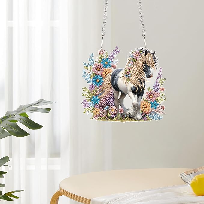 JZHYOAN Horse Diamond Painting Arts Hanging Kit Acrylic Ornaments Craft Kits Crystal Art Pendant Wind Chimes with Diamonds Diamond Art Window Pendants Home Garden Wall Hanging Kits