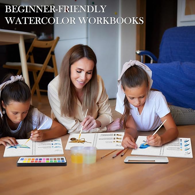 3Pcs Watercolor Workbook Paint Book Beginner Friendly Painting Kit, 36 Pages Workbooks with 24 Paint Colors & Brush for Beginners, Stress-Relieving Gift for Women Adults (Seaside&Bird&Garden)