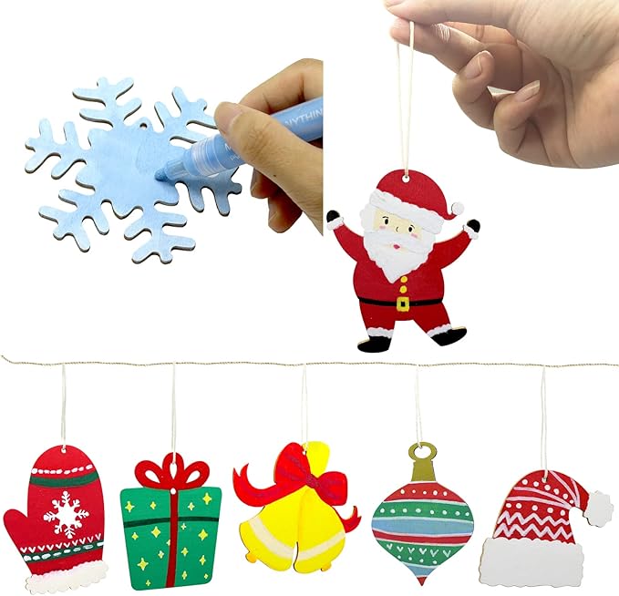 Hidreas 50 Pcs DIY Wooden Ornaments Christmas Wooden Ornaments Making Kit Christmas Crafts with Wax Rope and Rhinestone Stickers for Christmas Decoration and DIY Ornaments Making