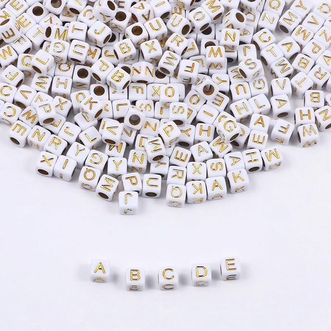 Acrylic Letter Beads Alphabet Gold Letters White Cube Bead, 6×6mm 900pcs, Friendship Bracelets Letters Beads Jewelry Making Bulk