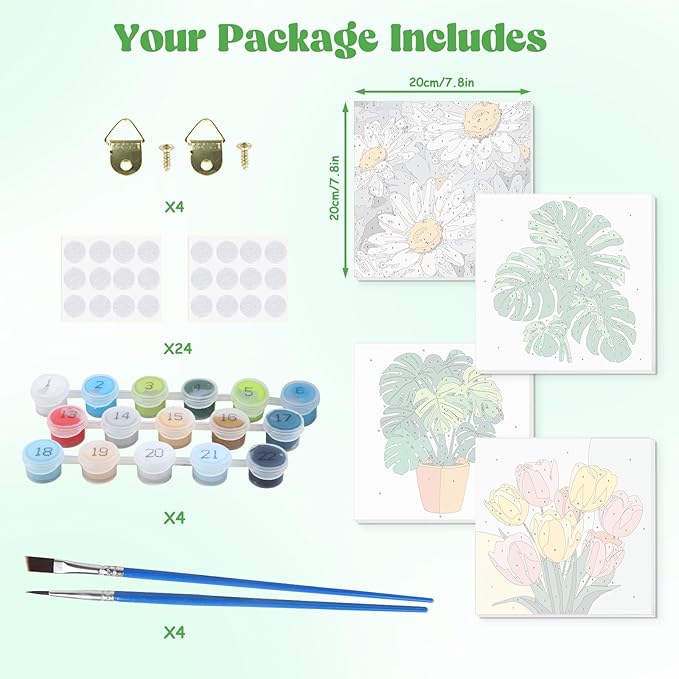 Lxmsja 4 Pack Bold Botanicals Paint by Numbers Kit for Adults, Easy Framed Paint by Numbers for Adults Beginner, DIY Acrylic Oil Painting Craft Kits for Home Wall Decor 8x8 inch