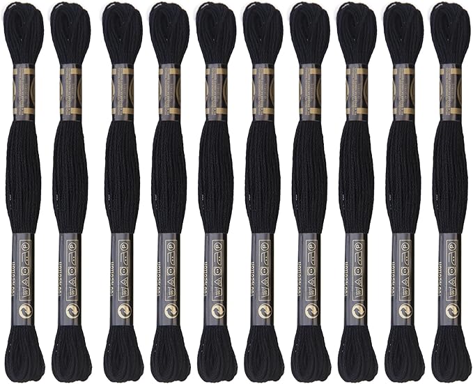 12 Skeins Embroidery Cotton Floss is 100% Egyptian Long Fiber Cotton of 8.75yds Each Cottons Cross Stitch Thread for Hand Embroidery DIY Creation and Friendship Bracelet String. (12, Black)