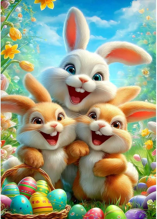 NEWENMO Easter Bunny Buddies Diamond Art Kits for Adults, Diamond Painting Kits for Adults for Beginners, 5D Full Round Drill Gem Art Painting Kit for Home Wall Decor, Happy Easter Bunny, 12x16 inch
