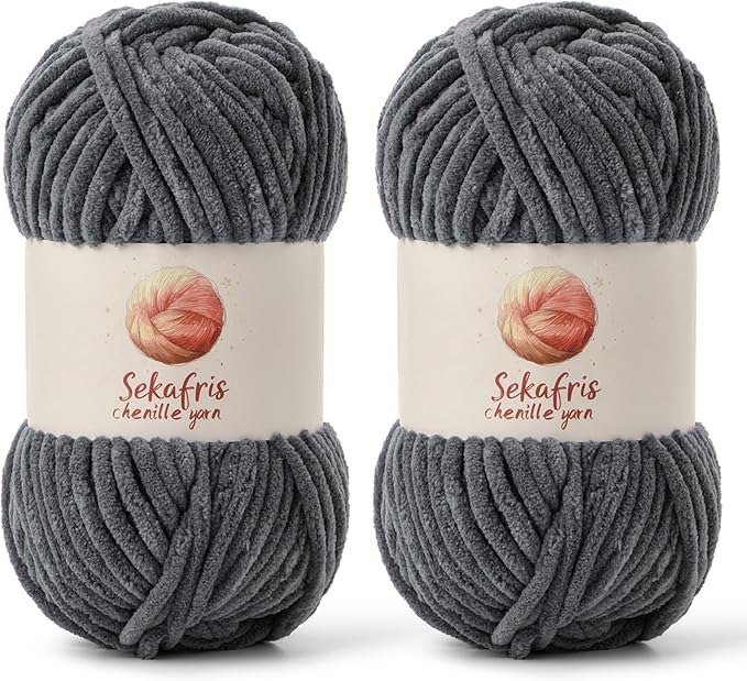 2 Pack Chunky Chenille Yarn for Crocheting, Baby Yarn for Crocheting Soft Blanket, 174.9 yds /7 oz Crochet Yarn, Bulky 5 Amigurumi Yarns, Fluffy Velvet Yarns for Knitting Crafts (2 Dark Gray)