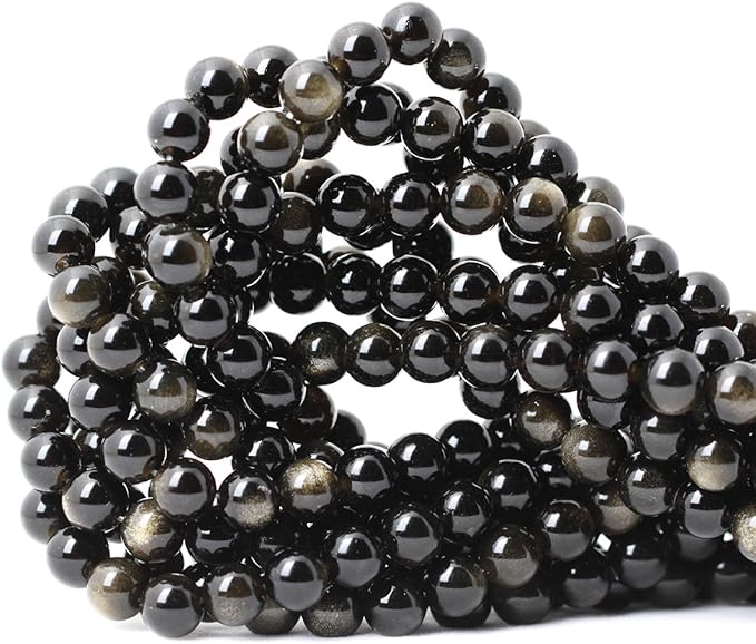 cheavian 45pcs 8mm natural golden obsidian gemstone round loose beads crystal energy stone healing power for jewelry making 1 strand 15"
