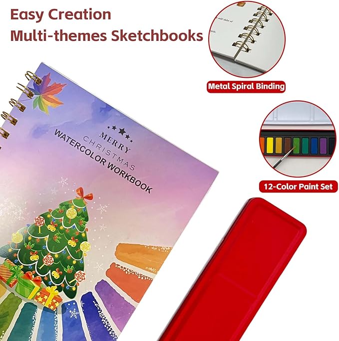 Watercolor Workbooks, Beginner Watercolor Painting Kit – 12 Colors Paint Set with Brush – Perfect for Gifting to Spark Creativity & Joy for Teens & Adults (Christmas)