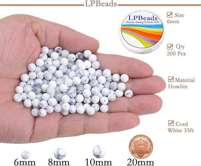 LPBeads 200Pcs Polished 6mm Round Natural White Howlite Gemstone Loose Beads with Stretch Cord for Jewelry Making Bracelets
